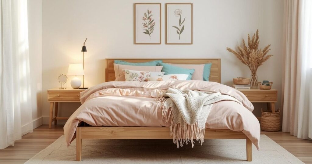 Quarto organizado e aconchegante, estilo Pinterest com elementos naturais.