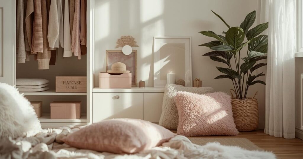 Guarda-roupa feminino organizado, com decoração minimalista em tons rosé, bege e branco.