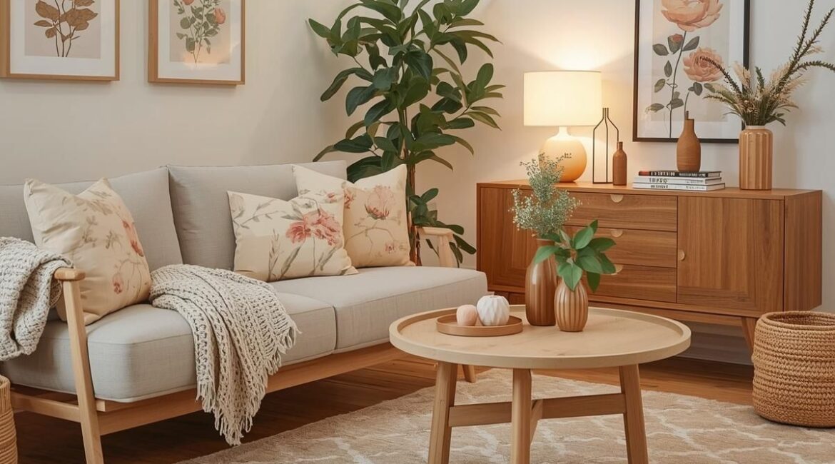 Sala de estar aconchegante e organizada com sofá claro com estrutura de madeira, almofadas com estampas florais suaves e tons de bege e pêssego.