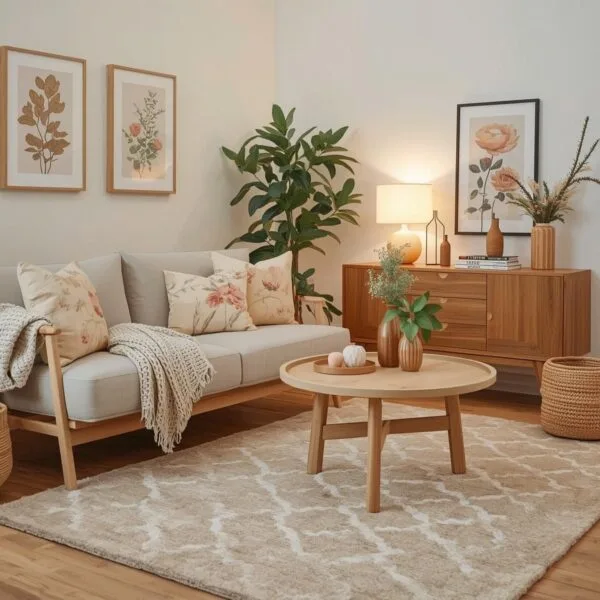 Sala de estar aconchegante e organizada com sofá claro com estrutura de madeira, almofadas com estampas florais suaves e tons de bege e pêssego.