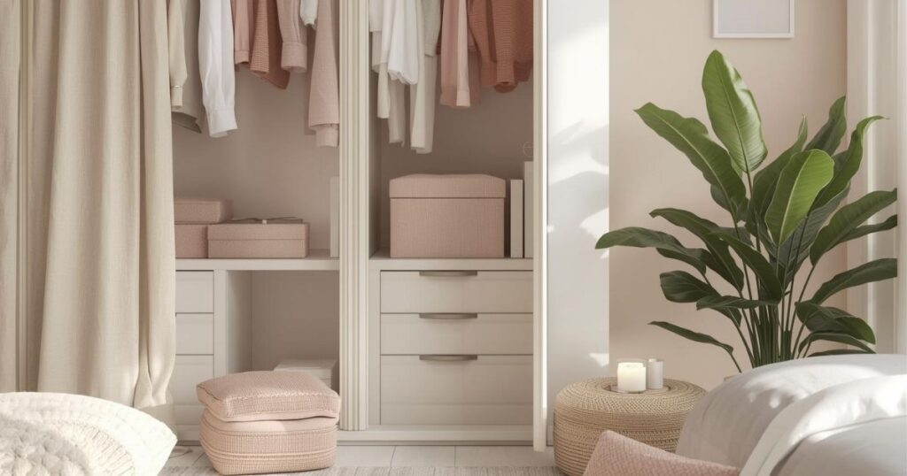 Armário feminino organizado, com decoração minimalista em tons rosé, bege e branco.