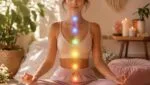 Guia completo Mulher meditando com representação suave dos 7 chakras em ambiente acolhedor e iluminado