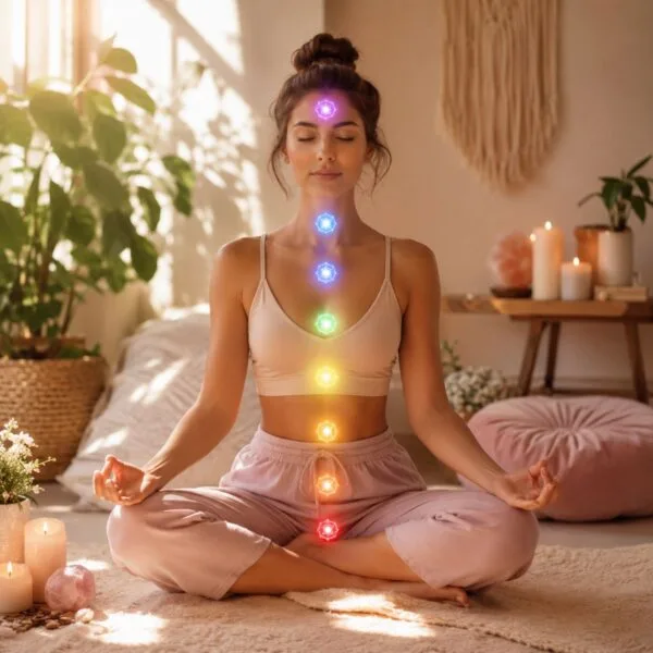 Guia completo Mulher meditando com representação suave dos 7 chakras em ambiente acolhedor e iluminado