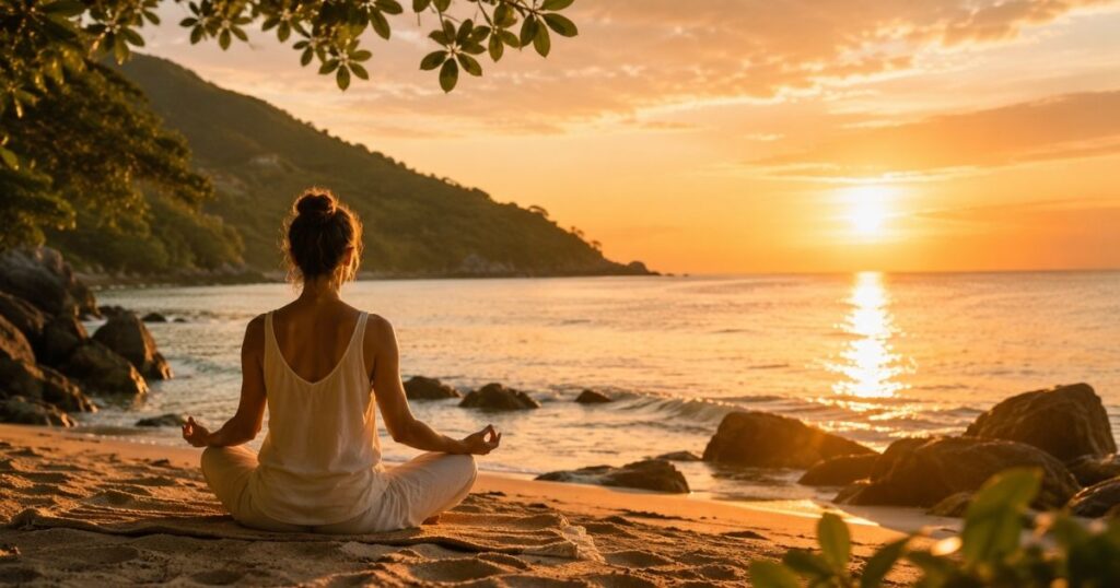 Pessoa meditando e contemplando o por do sol