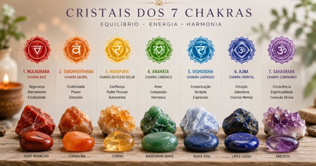 Infográfico dos 7 chakras com símbolos coloridos, significados energéticos e cristais correspondentes, incluindo chakra raiz, sacral, plexo solar, cardíaco, laríngeo, frontal e coronário.
