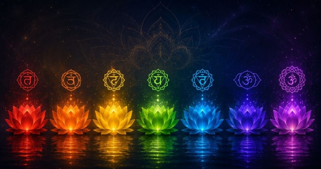 Ilustração colorida representando os 7 chakras alinhados em flores de lótus luminosas sobre água refletiva, com símbolos espirituais e fundo cósmico em tons vibrantes.
