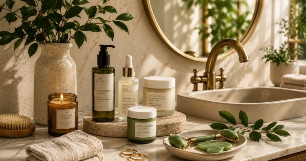 imagem de produtos de autocuidado, skincare e elementos naturais em um banheiro elegante