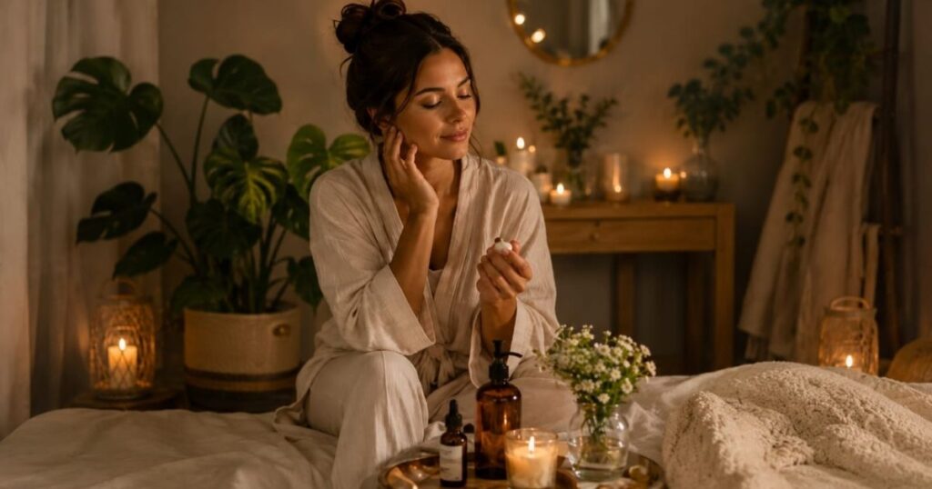 Imagem de uma mulher relaxando em um quarto aconchegante durante a noite, representando autocuidado e tranquilidade