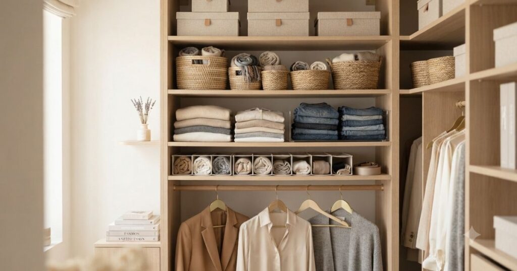 Close em um armário organizado com caixas de tecido, cestos de fibra natural, colmeias organizadoras e roupas perfeitamente dobradas