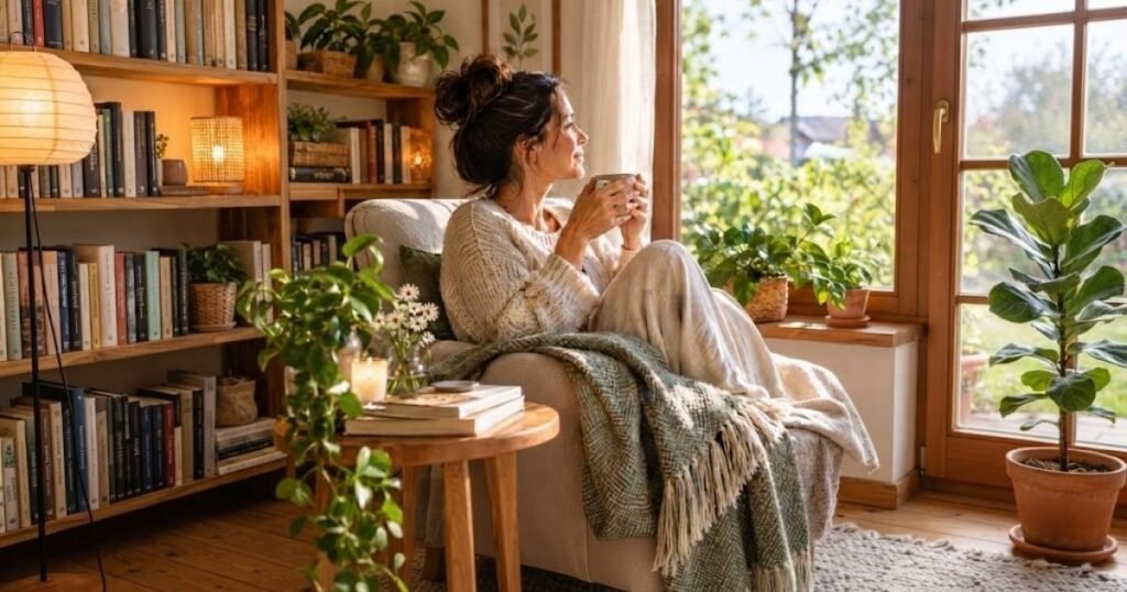 Mulher tomando café tranquilamente enquanto contempla a janela